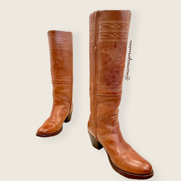 1970 Frye VINTAGE RARE Deer/Moose Cognac Leather Campus Knee High Tall Heel Boot - Picture 2 of 13